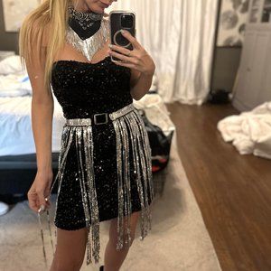 Valentina Black Sequin Dress with Silver Fringe Belt and Bandana